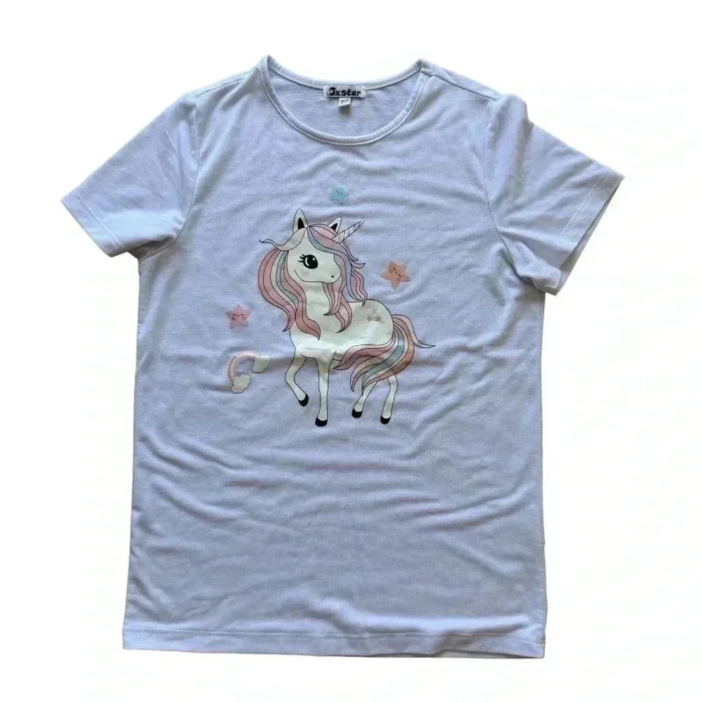 Jxstar White Short Sleeves Unicorn Lightweight Girls Top SZ 12/13 #2090